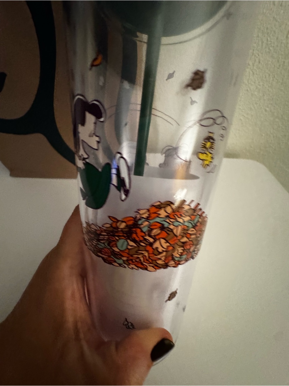 Starbucks Clear Peanuts Fall Tumbler with Green Lid and Orange Leaf Accents - Picture 2 of 5